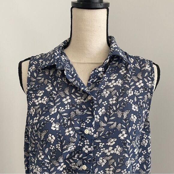 H&M Floral Sleeveless Button Down Shirt sz 2 Slate Blue Relaxed Oversized Blouse - Picture 6 of 11